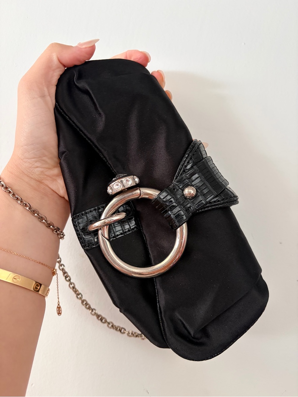 Black Satin Ring-Accent Evening Clutch -